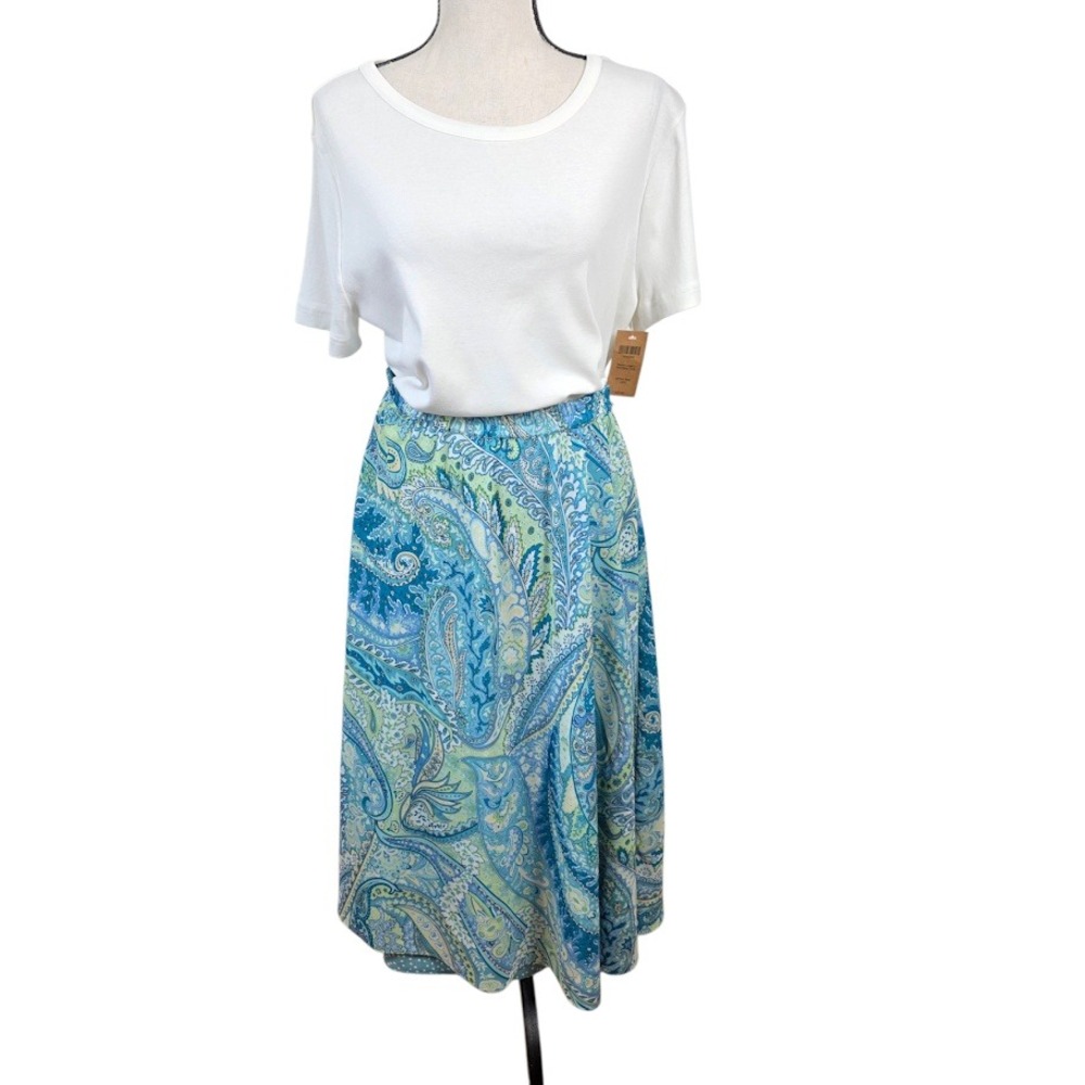 Appleseed's Midi Skirt Womens S Blue Green Paisley Polka Dot Lined Elastic Waist